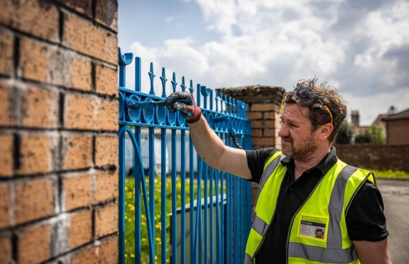 A connolly tradesperson repainting blue metal railings outside homes