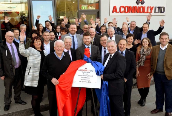 A large group gathered outside the connolly office for the plaque unveiling